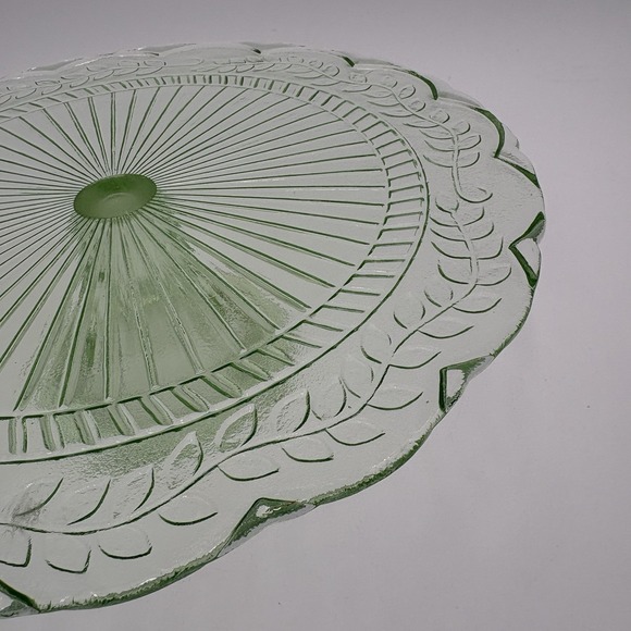 Green Glass Cake Stand Art Deco Depression Era Serving Plate 12" - Picture 2 of 8